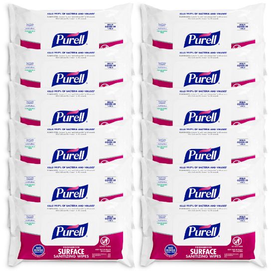 Picture of Purell Foodservice Surface Sanitizing Wipes, Fragrance Free, 7-7/16in x 9in, White, 72 Wipes Per Flowpack, Case Of 12 Packs