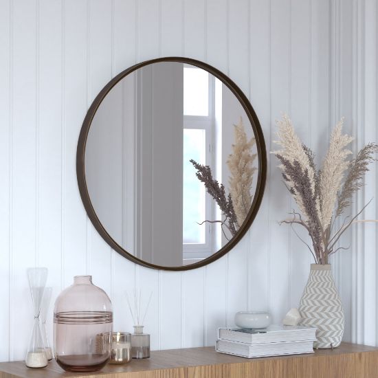 Picture of Flash Furniture Jennifer Round Metal-Framed Wall Mirror, 27-1/2inH x 27-1/2inW x 2inD, Brushed Bronze