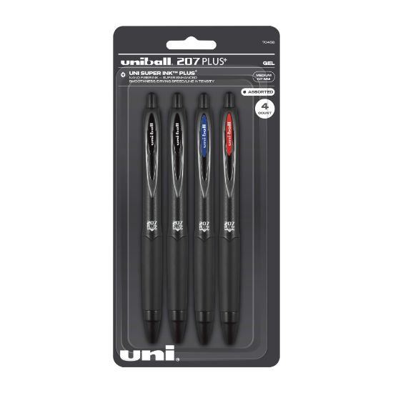 Picture of uni-ball 207 Plus+ Retractable Gel Pens, Medium Point, 0.7 mm, Black Barrel, Black/Blue/Red Ink, Pack Of 4 Pens