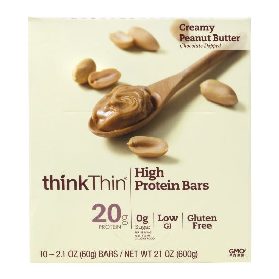 Picture of thinkThin Creamy Peanut Butter High Protein Bars, 2.1 Oz, Box Of 10 Bars