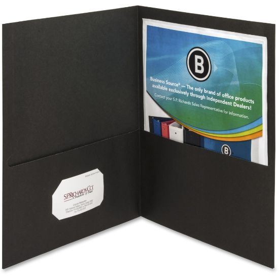 Picture of Business Source Letter Recycled Pocket Folder - 8 1/2in x 11in - 100 Sheet Capacity - 2 Inside Front & Back Pocket(s) - Paper - Black - 35% Recycled - 25 / Box