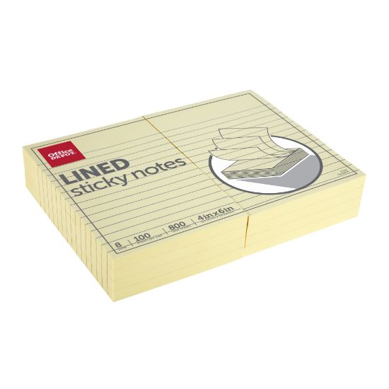 Picture of Office Depot Brand Lined Sticky Notes, 4in x 6in, Pastel Yellow, 100 Sheets Per Pad, Pack Of 8 Pads