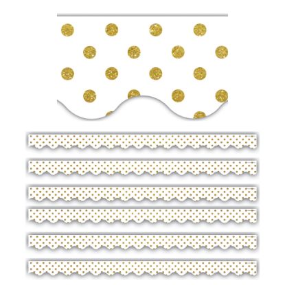 Picture of Teacher Created Resources Scalloped Border Trim, White/Gold Dots, 35ft Per Pack, Set Of 6 Packs