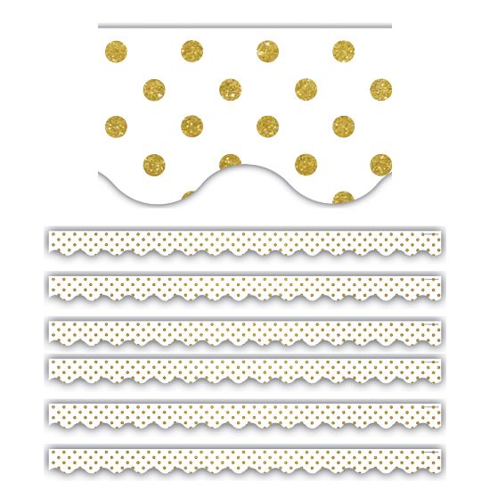 Picture of Teacher Created Resources Scalloped Border Trim, White/Gold Dots, 35ft Per Pack, Set Of 6 Packs