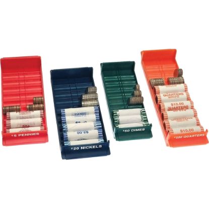 Picture of Nadex Coins NCS8-1009 Rolled Coin Storage Organizer Tray Set with Ridges for Loose Coins - 4 x Coin Tray - Orange, Green, Blue, Red