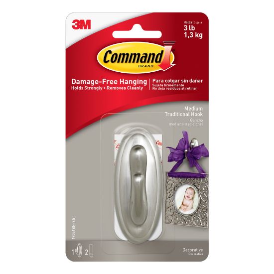 Picture of 3M Command Damage-Free Removable Metal Hook, Traditional, Medium, 3 Lb, Brushed Nickel