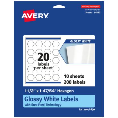 Picture of Avery Glossy Permanent Labels With Sure Feed, 94120-WGP10, Hexagon, 1-1/2in x 1-47/54in, White, Pack Of 200