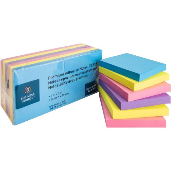 Picture of Business Source 3x3 Extreme Colors Adhesive Notes - 100 - 3in x 3in - Square - Assorted - Repositionable, Solvent-free Adhesive - 12 / Pack