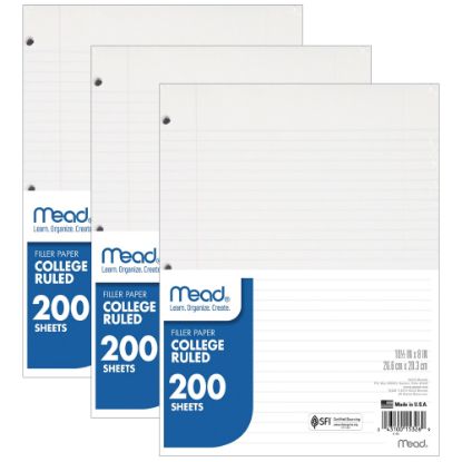 Picture of Mead Notebook Filler Paper, 8in x 10-1/2in, College Ruled, 200 Sheets Per Pack, Case Of 3 Packs