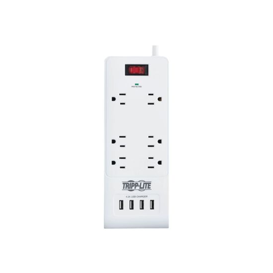 Picture of Tripp Lite 6-Outlet Surge Protector with 4 USB Ports (4.2A Shared) - 15 ft. Cord, 5-15P Plug, 900 Joules, White - Surge protector - 15 A - AC 120 V - 1800 Watt - output connectors: 6 - 15 ft cord - white