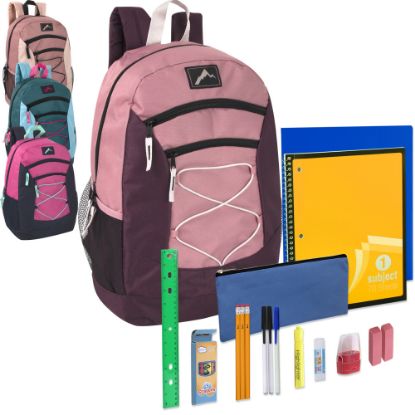 Picture of Trailmaker Multi-Pocket Bungee Backpacks With 20-Piece School Supply Kits, Assorted Colors 2, Pack Of 24