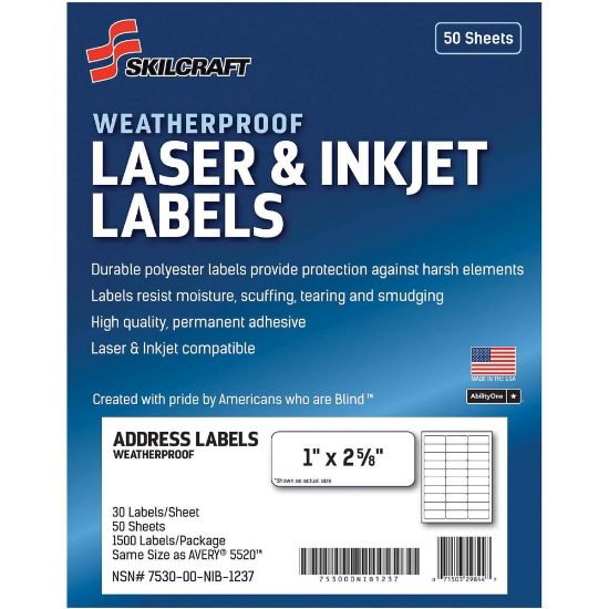 Picture of SKILCRAFT Weatherproof Mailing Labels - 1in Width x 2 5/8in Length - Permanent Adhesive - Rectangle - Laser, Inkjet - White - Polyester, Paper - 30 / Sheet - 1500 / Pack - TAA Compliant