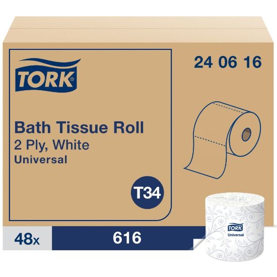 Picture of Tork Universal Bath Tissue Roll - 2 Ply - 3.75in x 205.33 ft - 616 Sheets/Roll - 5in Roll Diameter - White - Fiber - Embossed, Soft, Absorbent - For Bathroom, Plumbing - 616 / Roll