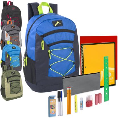 Picture of Trailmaker Multi-Pocket Bungee Backpacks With 20-Piece School Supply Kits, Assorted Colors 1, Pack Of 24