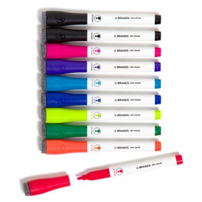 Picture of U Brands Low-Odor Dry-Erase Markers, Medium Point, White Barrels, Assorted Ink Colors, Pack Of 10 Markers