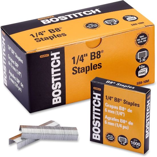 Picture of Bostitch PowerCrown Premium Staples - 210 Per Strip - 1/4in Leg - 1/2in Crown - Chisel Point - Silver - High Carbon Steel - 2.5in Height x 0.5in Width0.3in Length - 10000 / Box