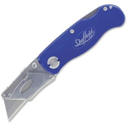 Picture of Sheffield Great NeckLockback Utility Knife - 0.7in Height x 4in Width - Aluminum Handle - Blue