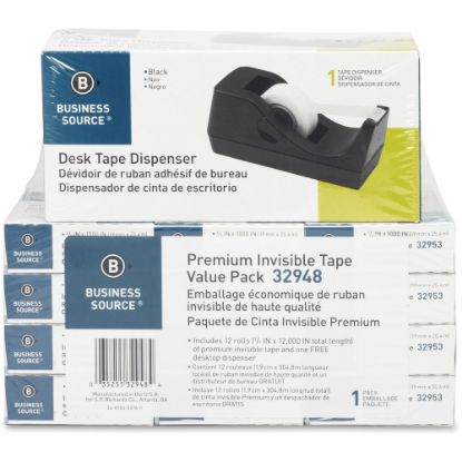 Picture of Business Source Invisible Tape Dispenser Value Pack - 27.78 yd Length x 0.75in Width - 1in Core - Acetate - Dispenser Included - Desktop Dispenser - 12 / Pack - Clear