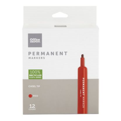 Picture of Office Depot Brand Permanent Markers, Chisel Point, 100% Recycled Plastic Barrel, Red Ink, Pack Of 12