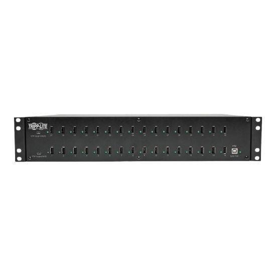 Picture of Tripp Lite 32-Port USB Charging Station Hub w/ Syncing Tablet Smartphone 2U - Charging station - 400 Watt - 80 A - 32 output connectors (32 x 4 pin USB Type A) - black