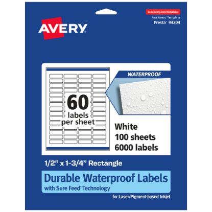 Picture of Avery Waterproof Permanent Labels With Sure Feed, 94204-WMF100, Rectangle, 1/2in x 1-3/4in, White, Pack Of 6,000