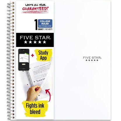 Picture of Five Star Wirebound Notebook Plus Study App, 8-1/2in x 11in, 1 Subject, College Ruled, 100 Sheets, White