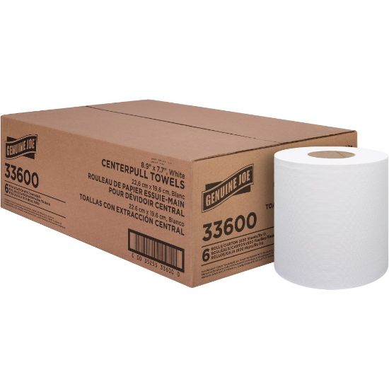 Picture of Genuine Joe Centerpull Towel Rolls - 600 Sheets/Roll - White - Virgin Fiber - 6 / Carton