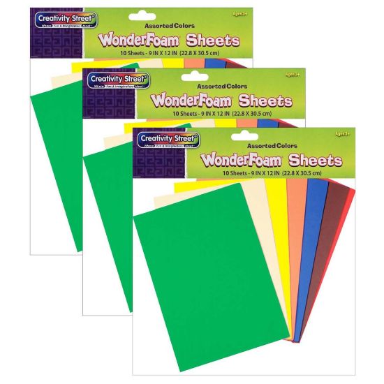 Picture of Creativity Street WonderFoam Sheets, Assorted Colors, 9in x 12in, 10 Per Pack, Set Of 3 Packs