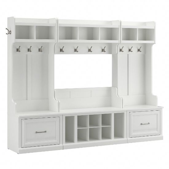 Picture of Bush Furniture Woodland Full Entryway Storage Set With Coat Rack And Shoe Bench With Drawers, White Ash, Standard Delivery