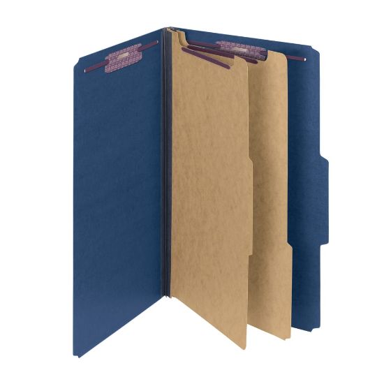 Picture of Smead Pressboard Classification Folders With SafeSHIELD Fasteners, 2 Dividers, Legal Size, 100% Recycled, Dark Blue, Box Of 10