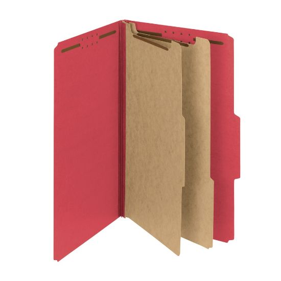 Picture of Smead Pressboard Classification Folders With SafeSHIELD Fasteners, 2 Dividers, Legal Size, 100% Recycled, Bright Red, Box Of 10