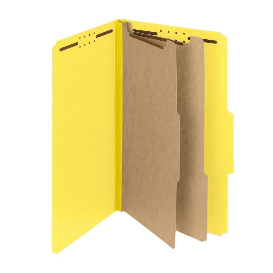 Picture of Smead Pressboard Classification Folders With SafeSHIELD Fasteners, 2 Dividers, Legal Size, 100% Recycled, Yellow, Box Of 10