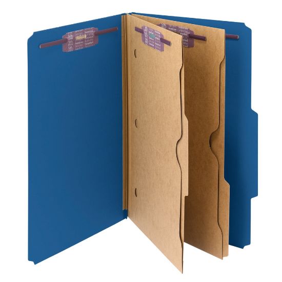 Picture of Smead Pressboard Classification Folders With Pocket-Style Divider And SafeSHIELD Fastener, Legal Size, 100% Recycled, Dark Blue, Box of 10