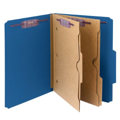 Picture of Smead Pressboard Classification Folders With Pocket-Style Divider And SafeSHIELD Fastener, Letter Size, 100% Recycled, Dark Blue, Box of 10