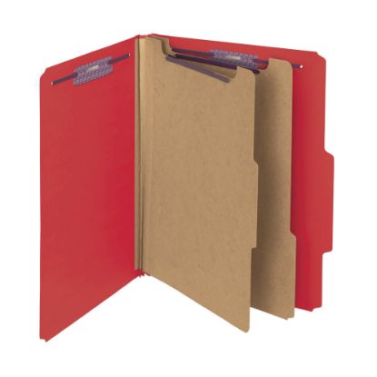 Picture of Smead Pressboard Classification Folders With SafeSHIELD Fasteners, 2 Dividers, Letter Size, 100% Recycled, Bright Red, Box Of 10