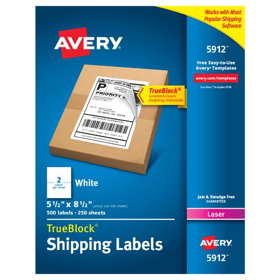 Picture of Avery Permanent Shipping Labels With TrueBlock Technology, 5912, 5 1/2in x 8 1/2in, White, Box Of 500