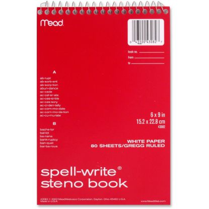 Picture of Mead Spell-Write Wire Bound Steno Book, 6in x 9in, 80 Sheets, Red