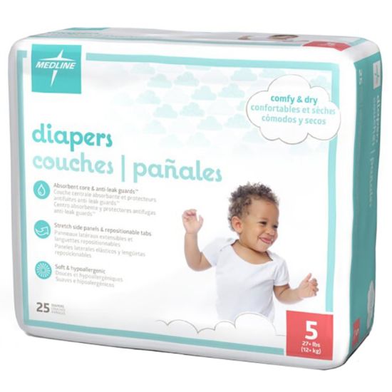 Picture of Medline Disposable Baby Diapers, Size 5, 27+ Lb, White, 25 Diapers Per Pack, Case Of 8 Packs