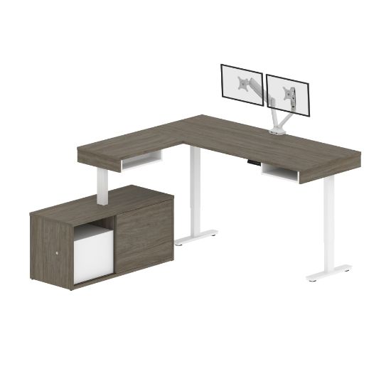 Picture of Bestar Pro-Vega 81inW L-Shaped Standing Corner Desk With Dual Monitor Arm And Credenza, Walnut Gray/White