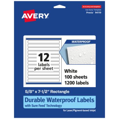 Picture of Avery Waterproof Permanent Labels With Sure Feed, 94119-WMF100, Rectangle, 5/8in x 7-1/2in, White, Pack Of 1,200