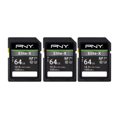 Picture of PNY Elite-X Class 10 U3 V30 100 Mbps SDXC Flash Memory Cards, 64GB, Pack Of 3 Memory Cards