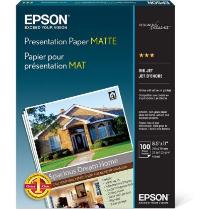 Picture of Epson Presentation Paper, Matte White, Letter (8.5in x 11in), 100 Sheets Per Pack, 27 Lb, 90 Brightness