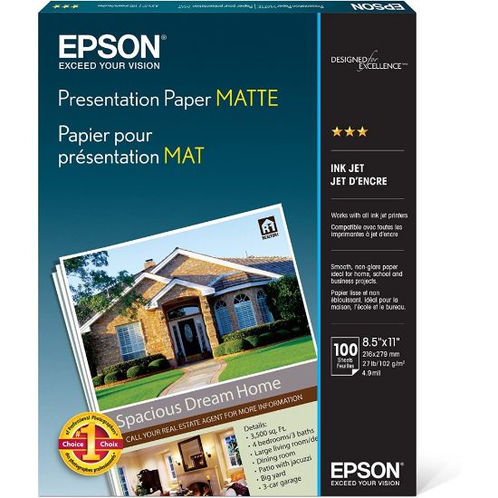 Picture of Epson Presentation Paper, Matte White, Letter (8.5in x 11in), 100 Sheets Per Pack, 27 Lb, 90 Brightness