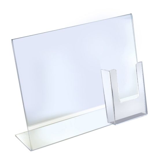 Picture of Azar Displays Acrylic Horizontal/Vertical L-Shaped Sign Holders With Brochure Pocket, 11inH x 14inW x 3inD, Clear, Pack Of 2 Holders