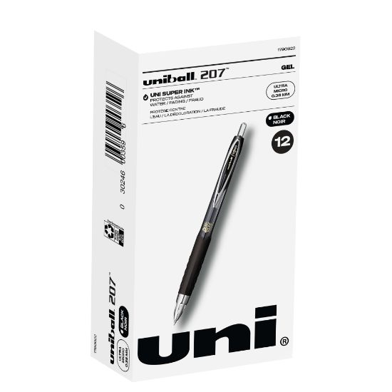 Picture of uni-ball 207 Retractable Fraud Prevention Gel Pens, Ultra Micro Point, 0.38 mm, Black Barrels, Black Ink, Pack Of 12