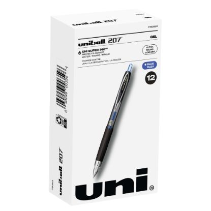 Picture of uni-ball 207 Retractable Fraud Prevention Gel Pens, Ultra Micro Point, 0.38 mm, Black Barrels, Blue Ink, Pack Of 12