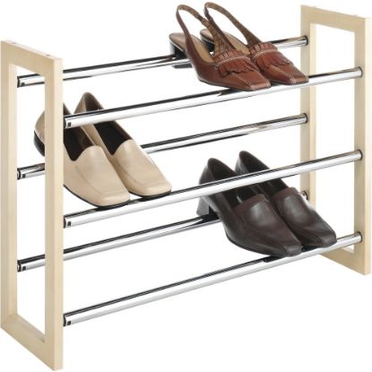 Picture of Whitmor 6026-2516 Shoe Rack - 3 Tier(s) - 18in Height x 25in Width x 7in Depth - Stackable, Expandable - Chrome - Wood, Metal