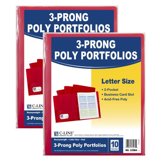 Picture of C-Line 2-Pocket Heavyweight Poly Portfolio Folders With Prongs, 8-1/2in x 11in, Red, 10 Folders Per Pack, Set Of 2 Packs