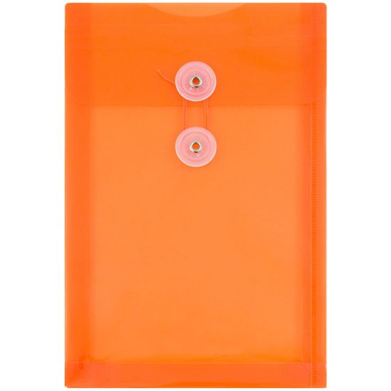 Picture of JAM Paper Open-End Plastic Envelopes, 6 1/4in x 9 1/4in, Button & String Closure, Bright Orange, Pack Of 12