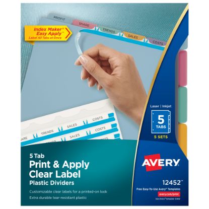 Picture of Avery Print & Apply Clear Label Translucent Plastic Dividers with Index Maker Easy Apply Printable Label Strip, 5 Multicolor Tabs, Pack Of 5 Sets